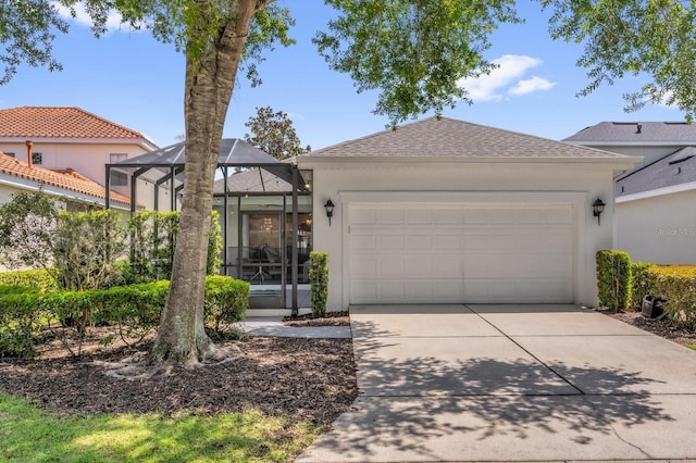 7416 Soiree Way, Reunion, FL 34747 - single story home with concrete driveway, stucco siding, an attached garage, a lanai, and a shingled roof