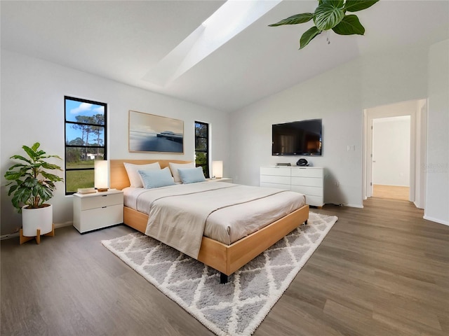 bedroom featuring wood-type flooring, a skylight, and multiple windows