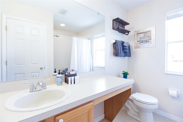 bathroom with toilet, a shower with shower curtain, tile patterned floors, and vanity