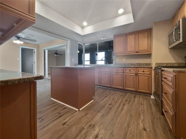 kitchen with hardwood / wood-style flooring, a kitchen island, a raised ceiling, and appliances with stainless steel finishes