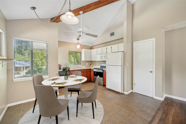 dining space with sink, ceiling fan, high vaulted ceiling, and a textured ceiling