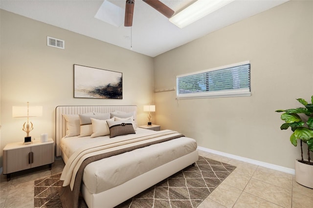 bedroom featuring tile patterned flooring and ceiling fan