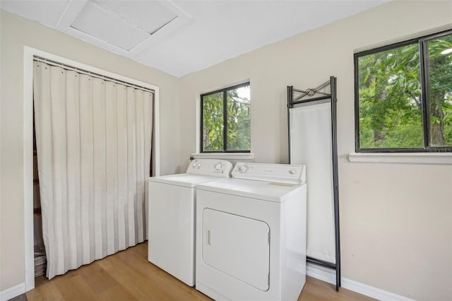 laundry area with light wood-type flooring, washing machine and dryer, and plenty of natural light