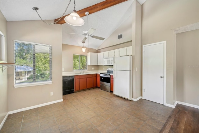 kitchen featuring white appliances, pendant lighting, white cabinetry, sink, and high vaulted ceiling