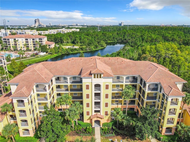 drone / aerial view featuring a water view