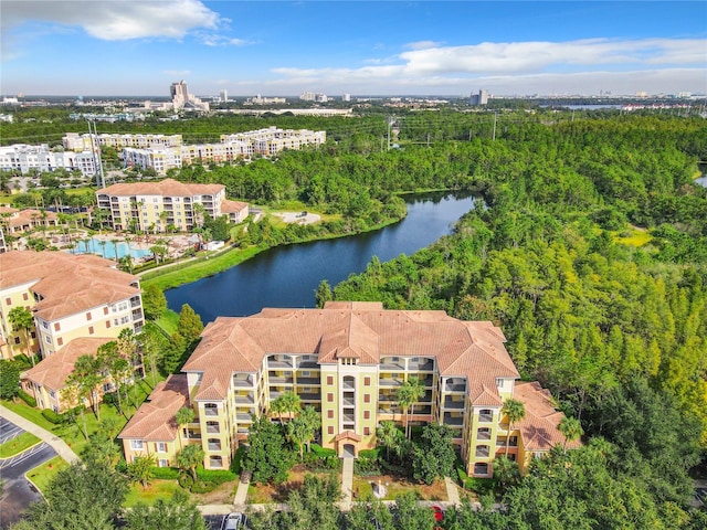 bird's eye view with a water view