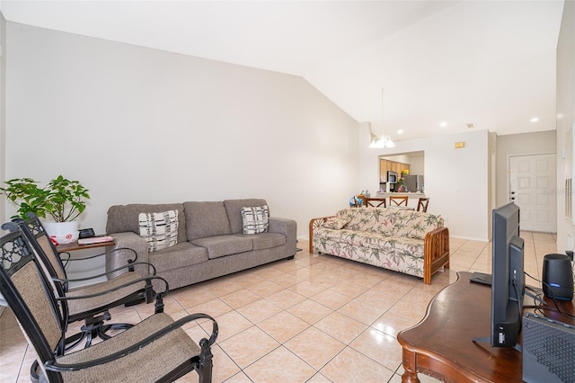 tiled living room with a chandelier and vaulted ceiling