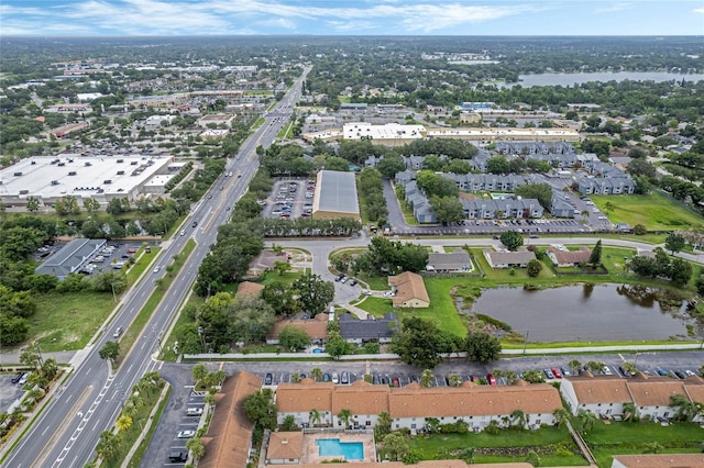 bird's eye view with a water view