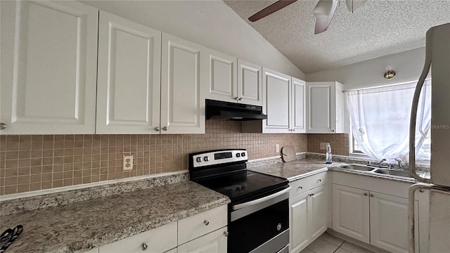 1204 Easton St, Orlando, FL 32825 - kitchen with electric stove, under cabinet range hood, a sink, vaulted ceiling, and freestanding refrigerator