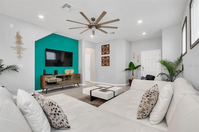 living room with ceiling fan