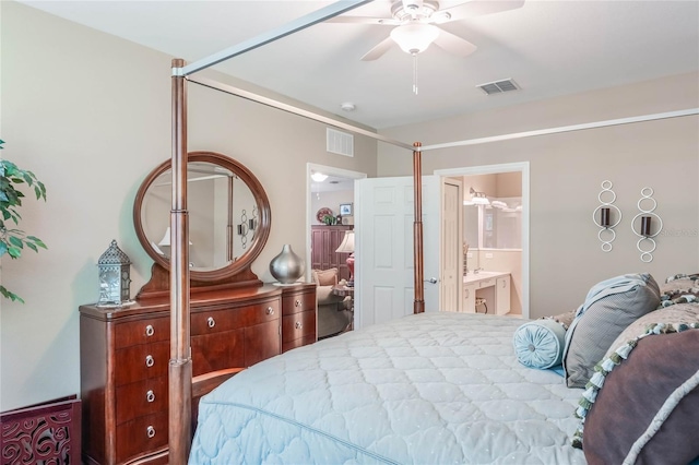 bedroom featuring ensuite bathroom, visible vents, and a ceiling fan