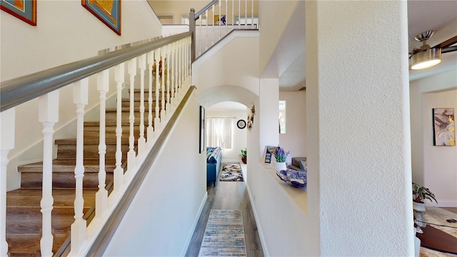 stairs featuring hardwood / wood-style flooring