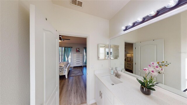 bathroom featuring ceiling fan, hardwood / wood-style floors, and vanity