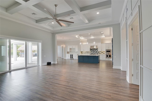 unfurnished living room with hardwood / wood-style flooring, ceiling fan with notable chandelier, and coffered ceiling