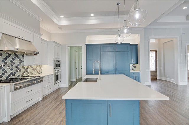 kitchen with a large island, sink, stainless steel appliances, ventilation hood, and decorative light fixtures