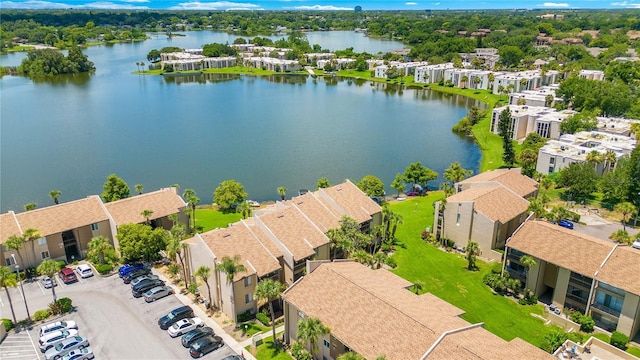 bird's eye view with a water view