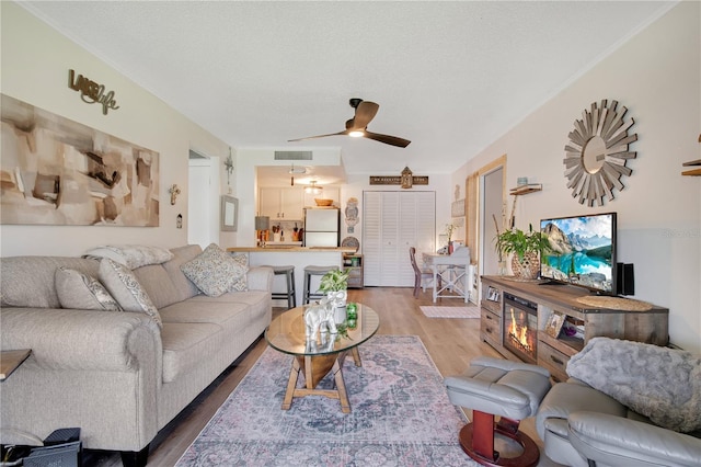 living room with ceiling fan, wood-type flooring, and a textured ceiling