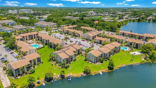 bird's eye view with a water view