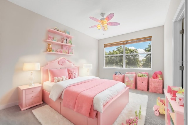 bedroom with baseboards, a ceiling fan, and light colored carpet