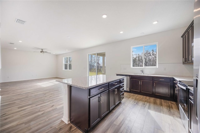 kitchen with light hardwood / wood-style flooring, stainless steel appliances, ceiling fan, and a kitchen island