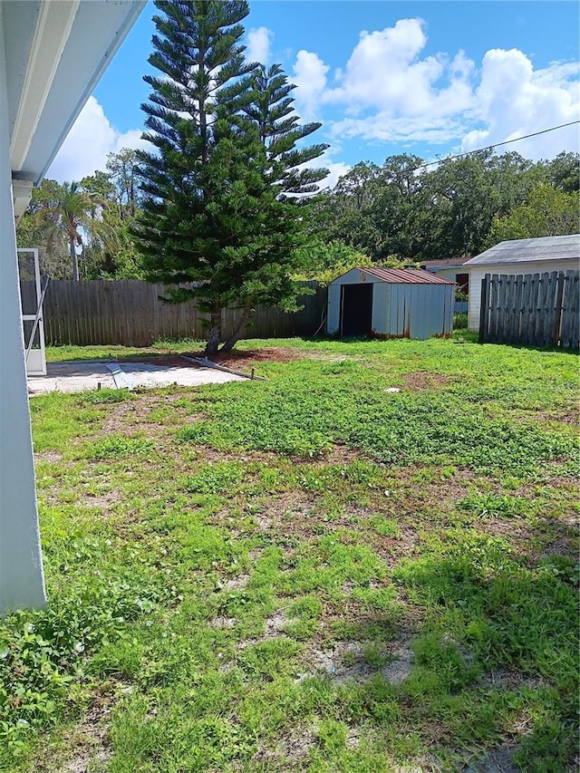 view of yard featuring a storage unit