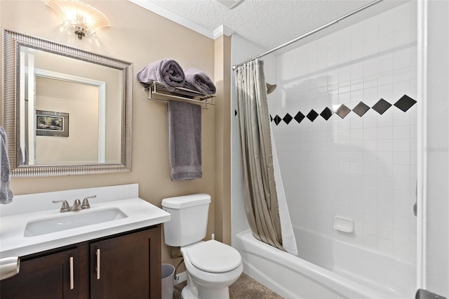 full bathroom with vanity, shower / bathtub combination with curtain, a textured ceiling, and toilet