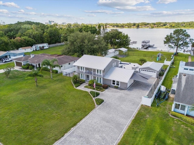 bird's eye view with a water view