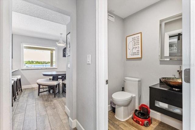 bathroom featuring vanity, toilet, wood-type flooring, and a textured ceiling