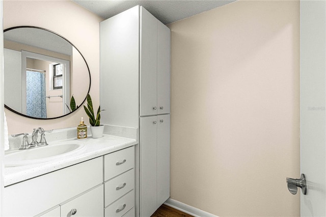 bathroom with wood-type flooring and vanity