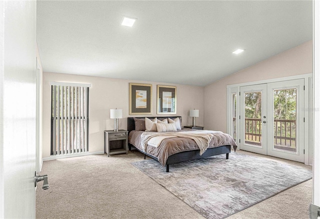 bedroom featuring access to exterior, carpet, french doors, and vaulted ceiling