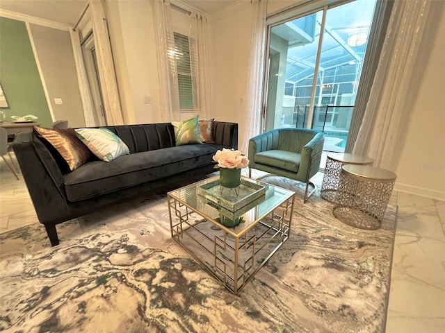 living room featuring ornamental molding