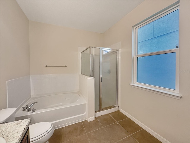 full bathroom featuring tile patterned flooring, vanity, toilet, and independent shower and bath