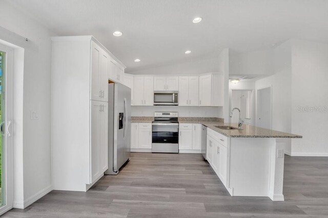 kitchen featuring light hardwood / wood-style floors, appliances with stainless steel finishes, sink, and kitchen peninsula