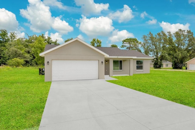 ranch-style home with a garage and a front yard