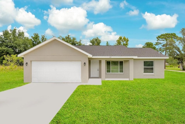 ranch-style house with a garage and a front lawn