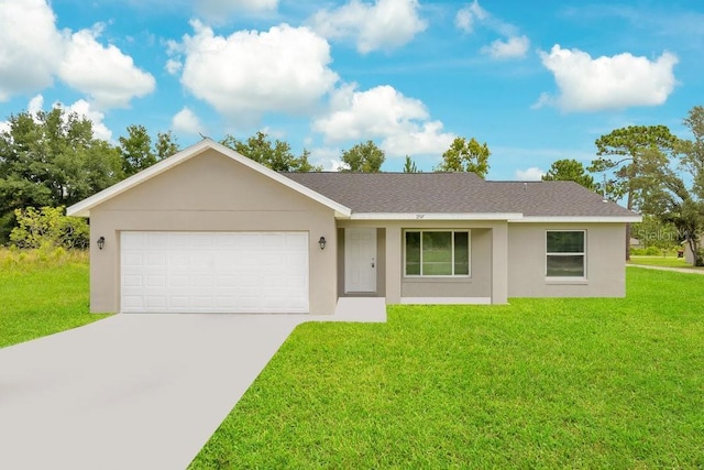 ranch-style house featuring a garage and a front lawn