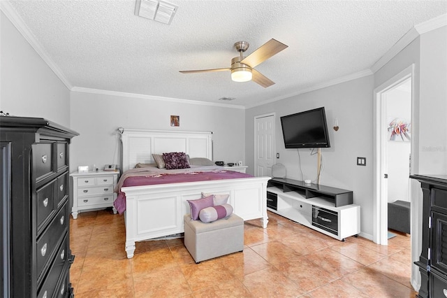 bedroom featuring ceiling fan, a textured ceiling, ornamental molding, and light tile patterned flooring