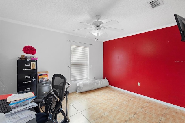 tiled home office featuring ceiling fan, crown molding, and a textured ceiling