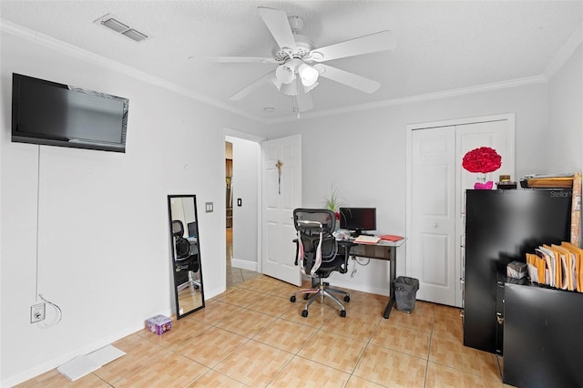 tiled home office featuring ceiling fan, a textured ceiling, and ornamental molding