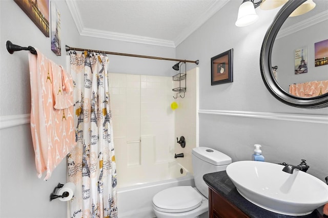 full bathroom with toilet, vanity, shower / tub combo, ornamental molding, and a textured ceiling