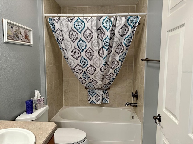 full bathroom with shower / bathtub combination with curtain, vanity, and toilet