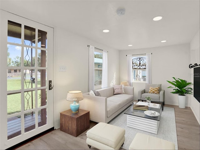 living room with light hardwood / wood-style flooring