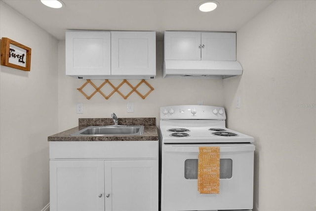 kitchen with white cabinetry, sink, and white range with electric cooktop