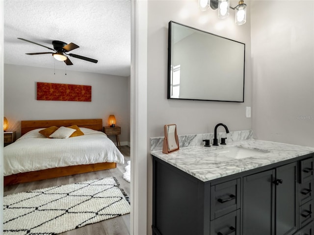 interior space featuring wood finished floors, ceiling fan, a textured ceiling, ensuite bath, and vanity