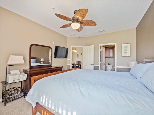 bedroom with light carpet and ceiling fan