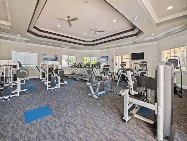 gym with carpet, ornamental molding, a tray ceiling, and a wealth of natural light