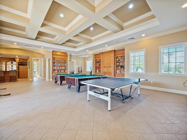 recreation room featuring ornamental molding, beam ceiling, pool table, coffered ceiling, and light tile floors