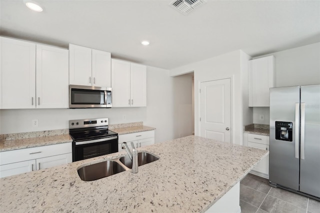 kitchen featuring light stone counters, stainless steel appliances, a kitchen island with sink, white cabinetry, and sink