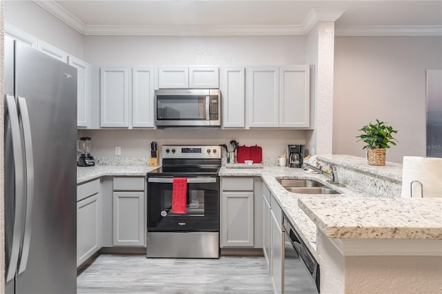 kitchen featuring sink, ornamental molding, light wood-type flooring, and stainless steel appliances