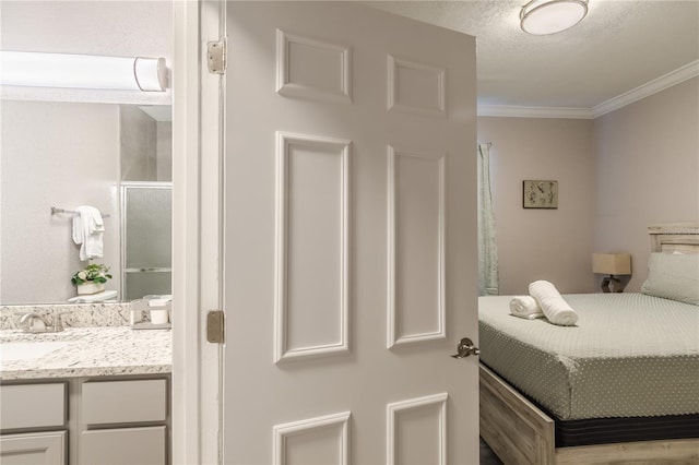 bedroom featuring sink, ornamental molding, and a textured ceiling